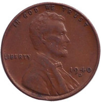 Линкольн. Монета 1 цент. 1940 год (D), США. 