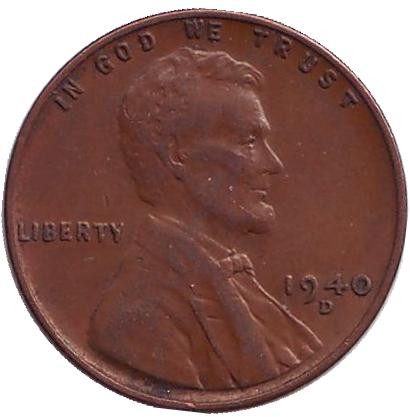 Монета 1 цент. 1940 год (D), США. Линкольн.