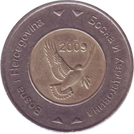 Монета 5 конвертируемых марок. 2009 год, Босния и Герцеговина. Голубь. Монета 5 конвертируемых марок. 2009 год, Босния и Герцеговина. Голубь.