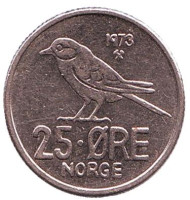 Монета 25 эре. 1973 год, Норвегия. Птица. Монета 25 эре. 1973 год, Норвегия. Птица.