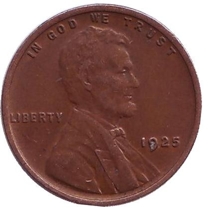Монета 1 цент. 1925 год, США. (Без отметки монетного двора) Линкольн.