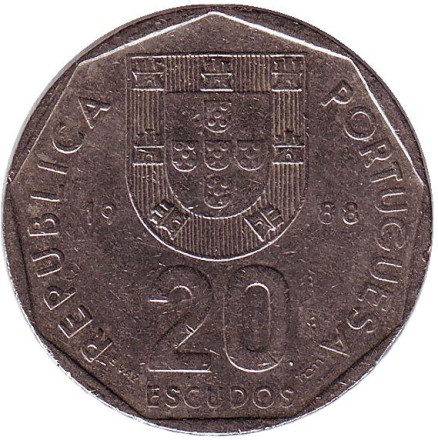 Монета 20 эскудо. 1988 год, Португалия. Роза ветров.