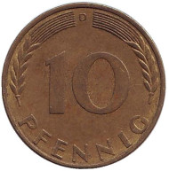 Монета 10 пфеннигов. 1971 год (D), ФРГ. Дубовые листья. Монета 10 пфеннигов. 1971 год (D), ФРГ. Дубовые листья.