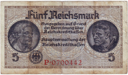 Банкнота 5 рейхсмарок. 1940-1945 гг., Третий Рейх. (Оккупированные территории). Тип 2.