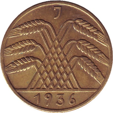 Монета 10 рейхспфеннигов. 1936 (J) год, Веймарская республика. Монета 10 рейхспфеннигов. 1936 (J) год, Веймарская республика.
