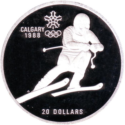 Монета 20 долларов. 1985 год, Канада. XV зимние Олимпийские Игры, Калгари 1988 - Горные лыжи.