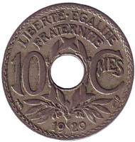 Монета 10 сантимов. 1929 год, Франция. Монета 10 сантимов. 1929 год, Франция.