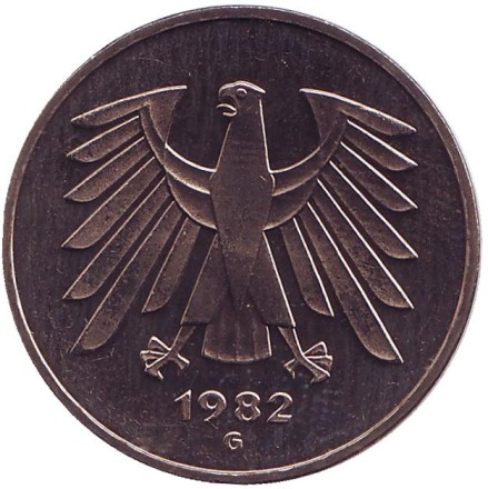 Монета 5 марок. 1982 год (G), Германия. Монета 5 марок. 1982 год (G), Германия.