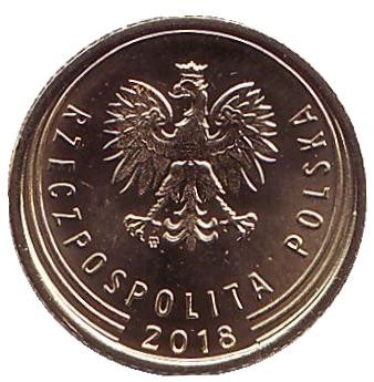 Монета 1 грош. 2018 год, Польша. Дубовый лист.