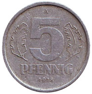 Монета 5 пфеннигов. 1978 год, ГДР. Монета 5 пфеннигов. 1978 год, ГДР.