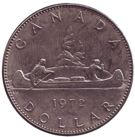 Монета 1 доллар. 1972 год, Канада. (никель) Индейцы в каноэ.