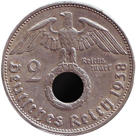 Монета 2 рейхсмарки. 1938 (B) год, Третий Рейх (Германия). Гинденбург.