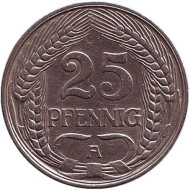 Монета 25 пфеннигов. 1911 год (A), Германская империя. Монета 25 пфеннигов. 1911 год (A), Германская империя.