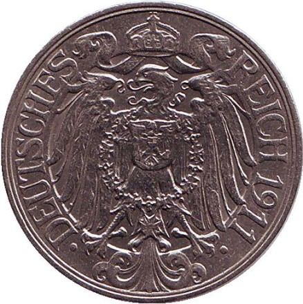 Монета 25 пфеннигов. 1911 год (A), Германская империя. Монета 25 пфеннигов. 1911 год (A), Германская империя.