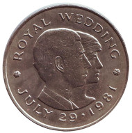 Монета 2 фунта. 1981 год, Джерси. Свадьба Принца Чарльза и Леди Дианы.