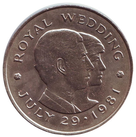 Монета 2 фунта. 1981 год, Джерси. Свадьба Принца Чарльза и Леди Дианы.