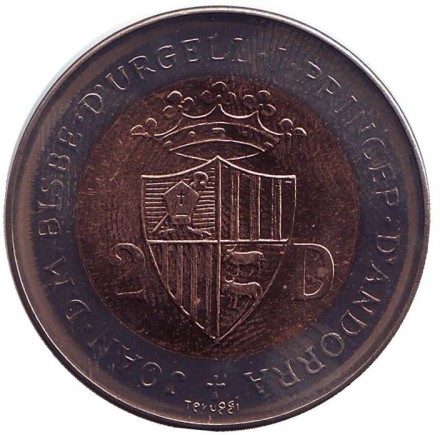 Монета 2 динера. 1984 год, Андорра. Горный козёл.