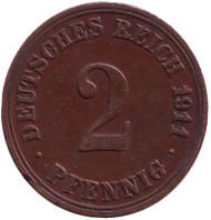 Монета 2 пфеннига. 1911 год (А), Германская империя. Монета 2 пфеннига. 1911 год (А), Германская империя.