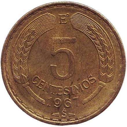 Монета 5 чентезимо. 1967 год, Чили. Кондор.