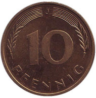 Монета 10 пфеннигов. 1980 год (J), ФРГ. Дубовые листья. Монета 10 пфеннигов. 1980 год (J), ФРГ. Дубовые листья.