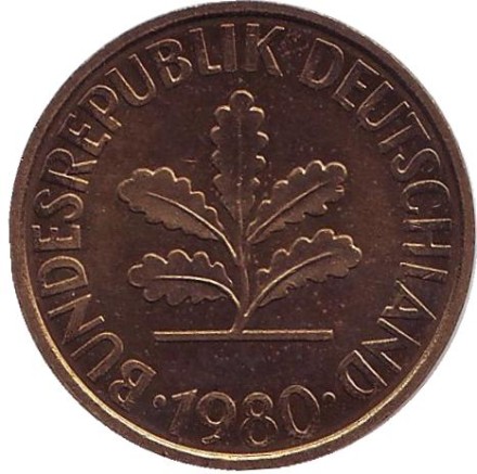 Монета 10 пфеннигов. 1980 год (J), ФРГ. Дубовые листья.