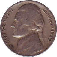 Монета 5 центов. 1940 год (S), США. Джефферсон. Монтичелло. Монета 5 центов. 1940 год (S), США. Джефферсон. Монтичелло.