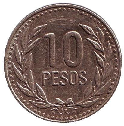 Монета 10 песо. 1989 год, Колумбия. Новый тип.