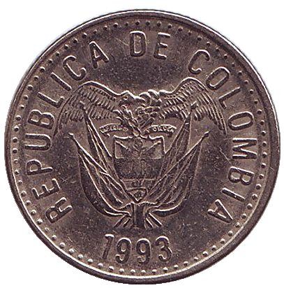 Монета 10 песо. 1993 год, Колумбия.