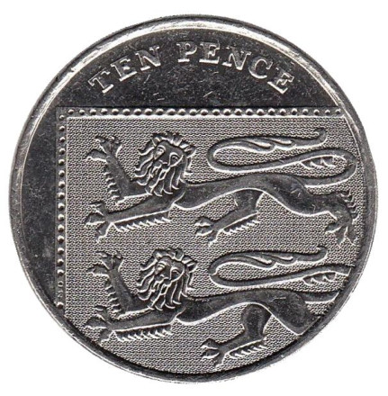 Монета 10 пенсов. 2008 год, Великобритания. (Новый тип) Лев.