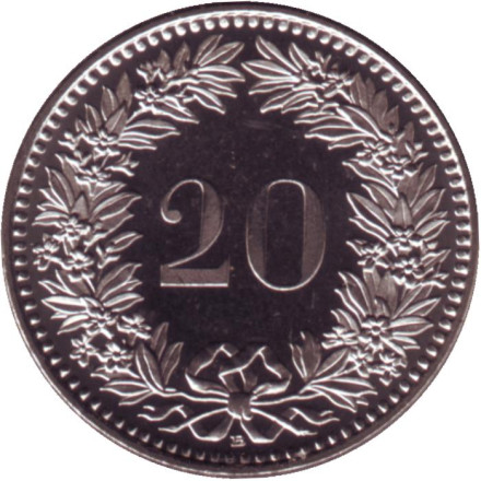 Монета 20 раппенов. 2019 год, Швейцария. UNC.