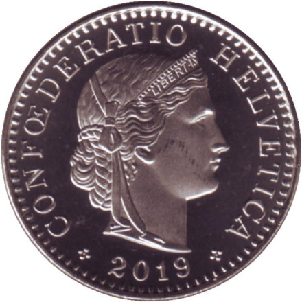 Монета 20 раппенов. 2019 год, Швейцария. UNC.