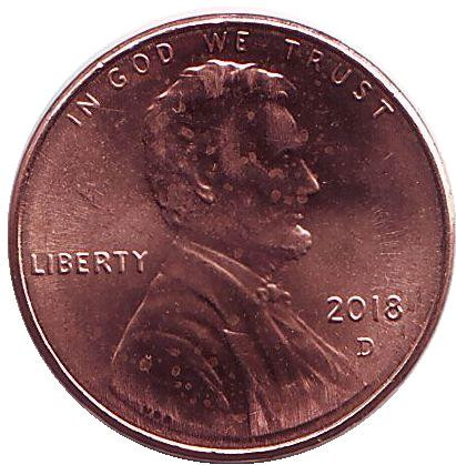 Монета 1 цент. 2018 год (D), США.