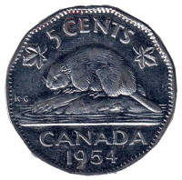 Бобр. Монета 5 центов. 1954 год, Канада. 