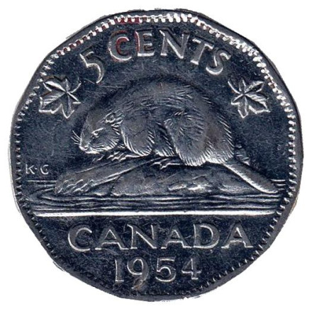 Монета 5 центов. 1954 год, Канада. Бобр.