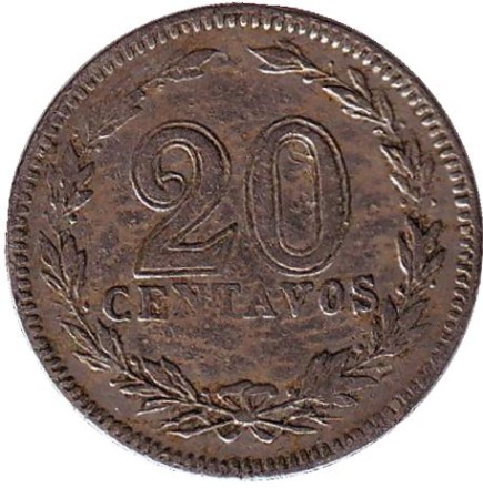 Монета 20 сентаво. 1910 год, Аргентина. Монета 20 сентаво. 1910 год, Аргентина.