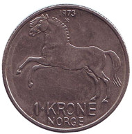 Монета 1 крона. 1973 год, Норвегия. Лошадь. Монета 1 крона. 1973 год, Норвегия. Лошадь.