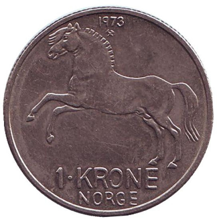 Монета 1 крона. 1973 год, Норвегия. Лошадь.