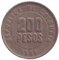 Монета 200 песо. 1994 год, Колумбия. Монета 200 песо. 1994 год, Колумбия.