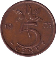 Монета 5 центов. 1973 год, Нидерланды. Монета 5 центов. 1973 год, Нидерланды.