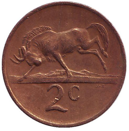 Монета 2 цента. 1977 год, Южная Африка. Белохвостый гну.