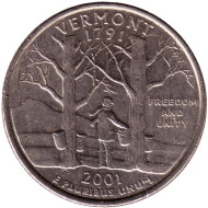 Монета 25 центов (D). 2001 год, США. Вермонт. Штат № 14. Монета 25 центов (D). 2001 год, США. Вермонт. Штат № 14.