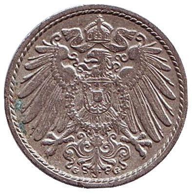 Монета 5 пфеннигов. 1910 год (G), Германская империя.