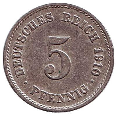 Монета 5 пфеннигов. 1910 год (G), Германская империя.