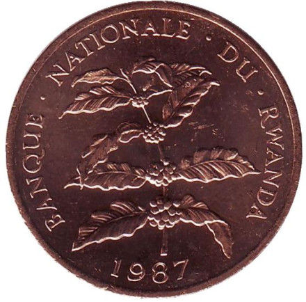 Монета 5 франков. 1987 год, Руанда. Веточка кофейного дерева.