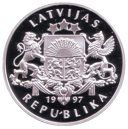 Монета 10 латов. 1997 год, Латвия. Рижский корабль XII века. Монета 10 латов. 1997 год, Латвия. Рижский корабль XII века.