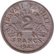 Монета 2 франка. 1943 год (B), Франция. Режим Виши. Travail Famille Patrie. Монета 2 франка. 1943 год (B), Франция. Режим Виши. Travail Famille Patrie.