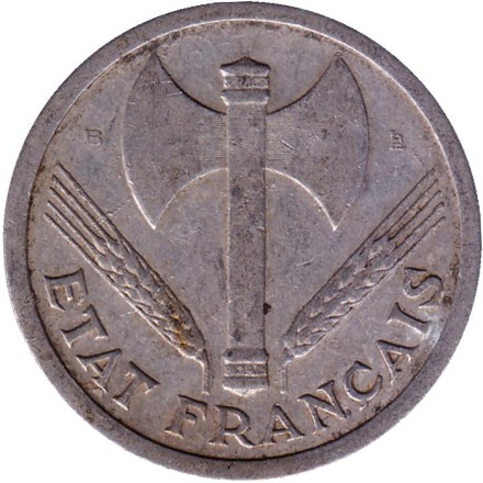 Монета 2 франка. 1943 год (B), Франция. Режим Виши. Travail Famille Patrie.