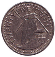 Монета 25 центов. 1990 год, Барбадос. Сахарная мельница Моргана Льюиса. Монета 25 центов. 1990 год, Барбадос. Сахарная мельница Моргана Льюиса.