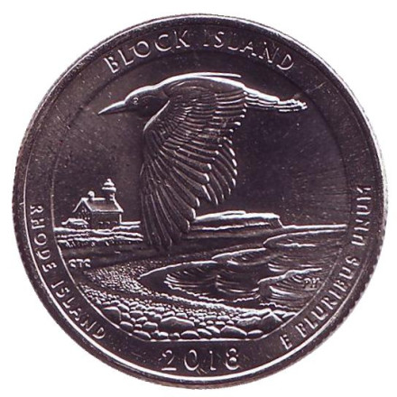 Монета 25 центов (D). 2018 год, США. Национальное убежище дикой природы острова Блок. Парк № 45.
