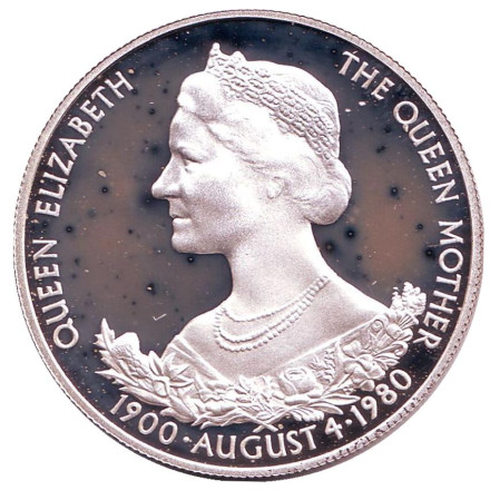 Монета 25 пенсов. 1980 год, Гернси. Серебро. Proof. 80 лет Королеве-матери.